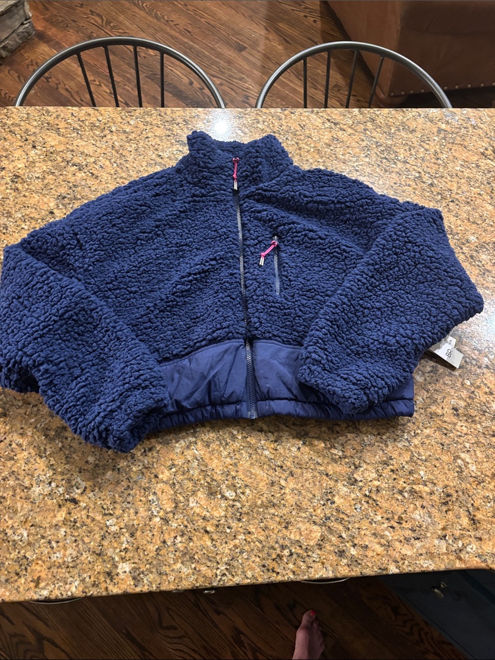 Womens Navy Cropped Sherpa Zip-Up Jacket with Pink Detail NWT Size M